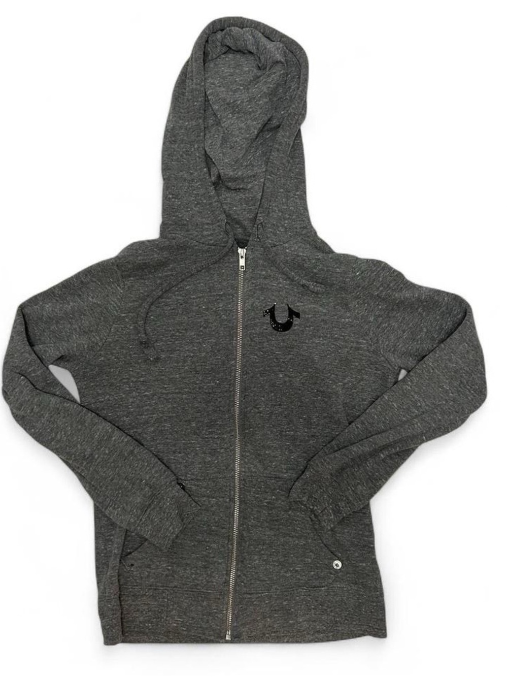 True Religion Heather Gray Zip-Up Hoodie with Logo Detail